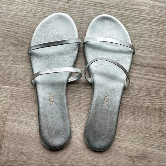 TKEES Gemma Metallic Silver Two Strap Flat Slide Sandal - Picture 6 of 14